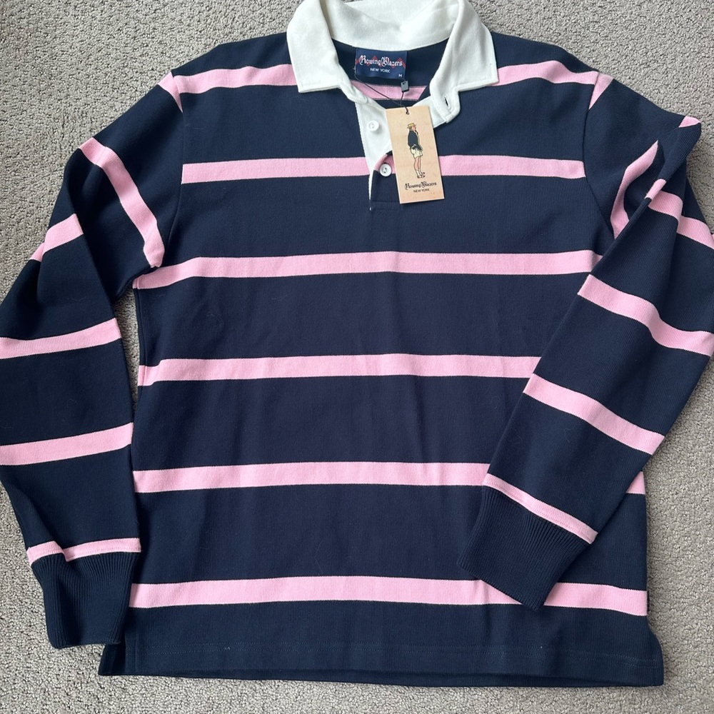 Rowing Blazers unisex Navy and Pink Striped Rugby Shirt